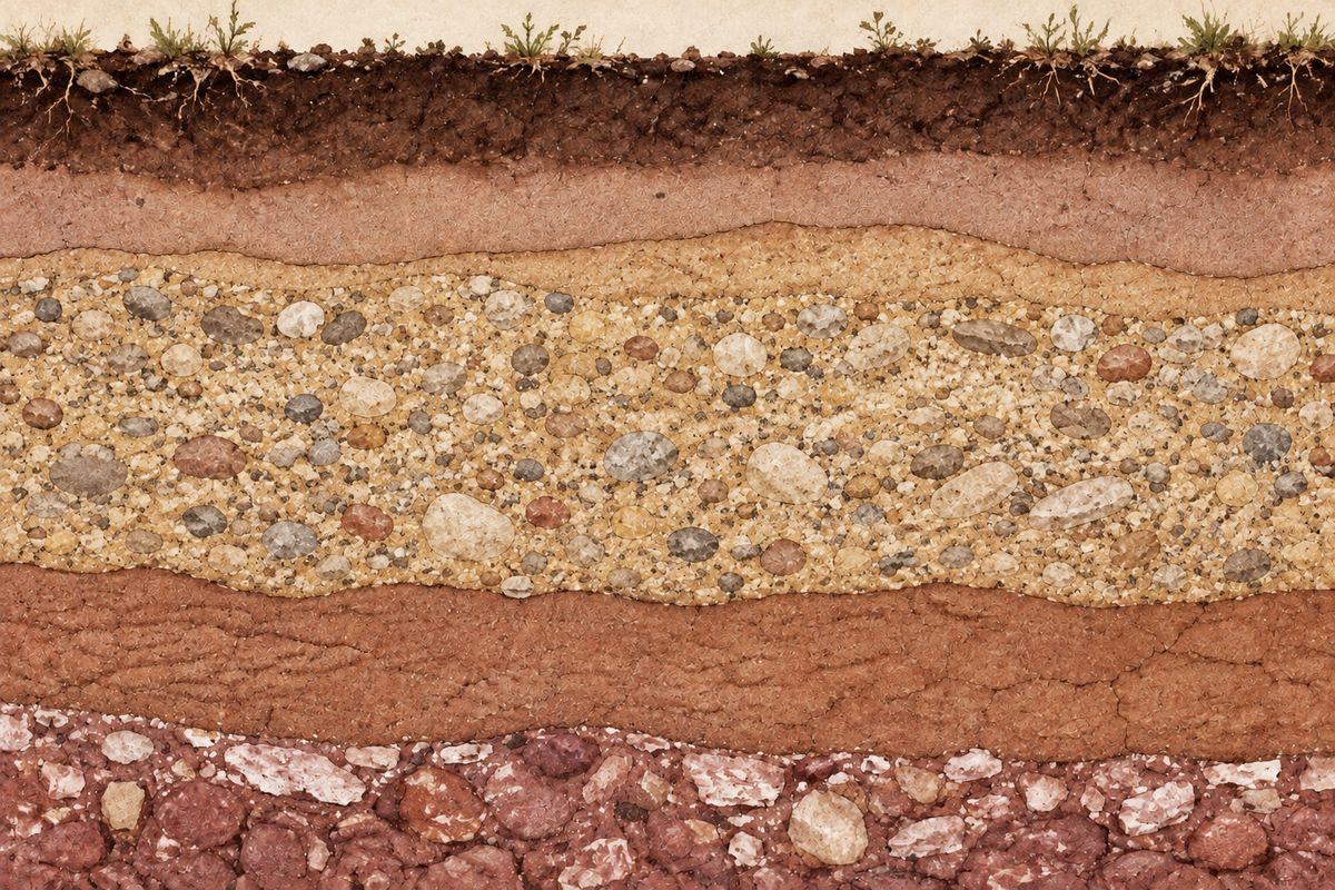 Ilustración de un acuífero detrítico: corte del terreno con gravas y arenas saturadas de agua bajo la superficie.