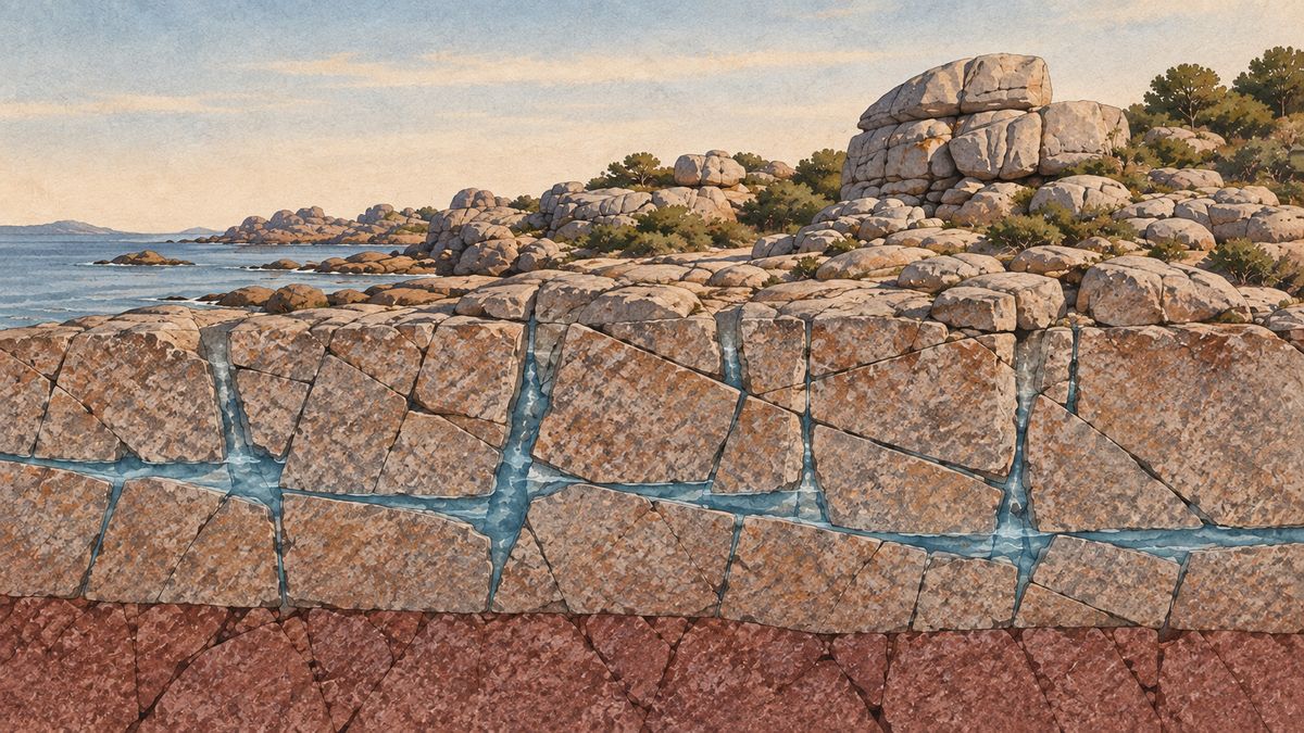 Ilustración de un acuífero fisurado: macizo de roca cristalina atravesado por una red de fracturas por las que circula el agua.