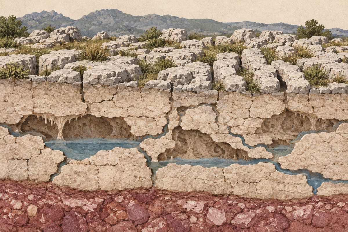 Ilustración de un acuífero kárstico: lapiaz en superficie y, bajo él, conductos y cavidades de disolución en la caliza con agua circulando.