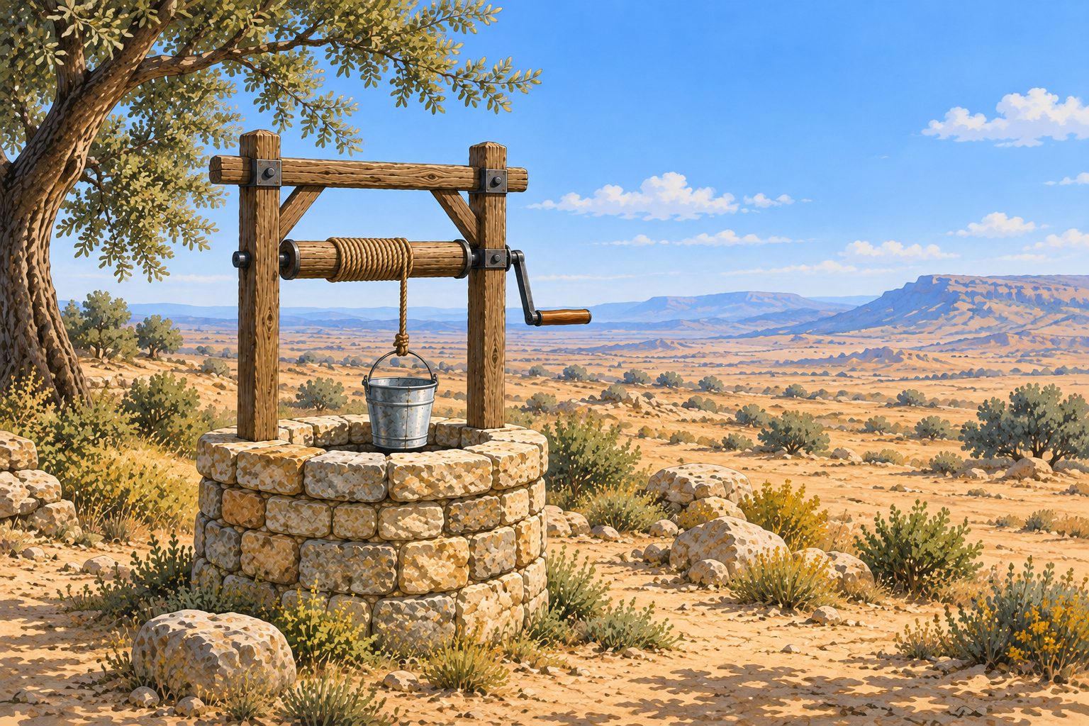 Ilustración de un pozo tradicional de piedra con brocal, torno y cubo, junto a una encina, en un paisaje árido con sierras al fondo: el tipo de captación cuyo entorno se protege con un perímetro.